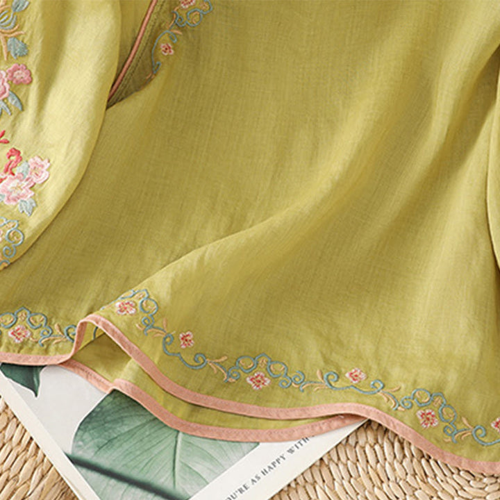 Buddha Stones Lässiges Damen-Hemd aus Baumwolle und Leinen mit Blumenstickerei und Stehkragen, Dreiviertelärmeln - image 12