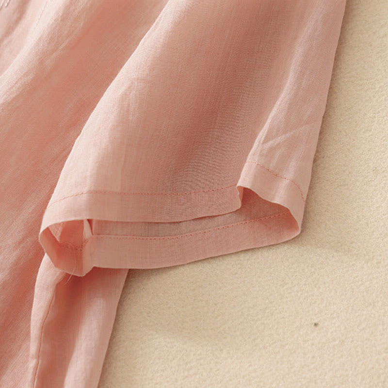 Buddha Stones Lässiges Damen-Shirt aus Baumwolle und Leinen mit V-Ausschnitt und Blumenstickerei - image 4