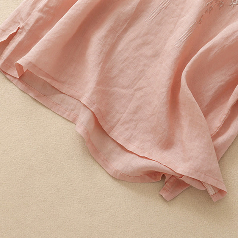 Buddha Stones Lässiges Damen-Shirt aus Baumwolle und Leinen mit V-Ausschnitt und Blumenstickerei - image 3