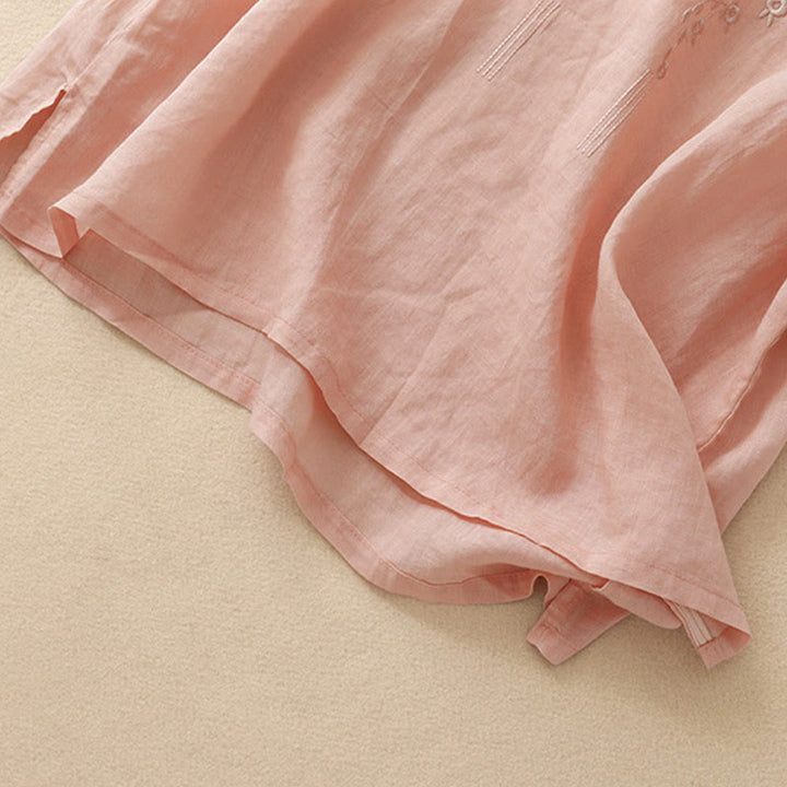 Buddha Stones Lässiges Damen-Shirt aus Baumwolle und Leinen mit V-Ausschnitt und Blumenstickerei - image 3