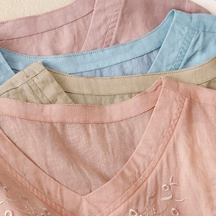 Buddha Stones Casual Damen-Shirt mit besticktem Blumenmuster, V-Ausschnitt und lockeren halben Ärmeln - image 28