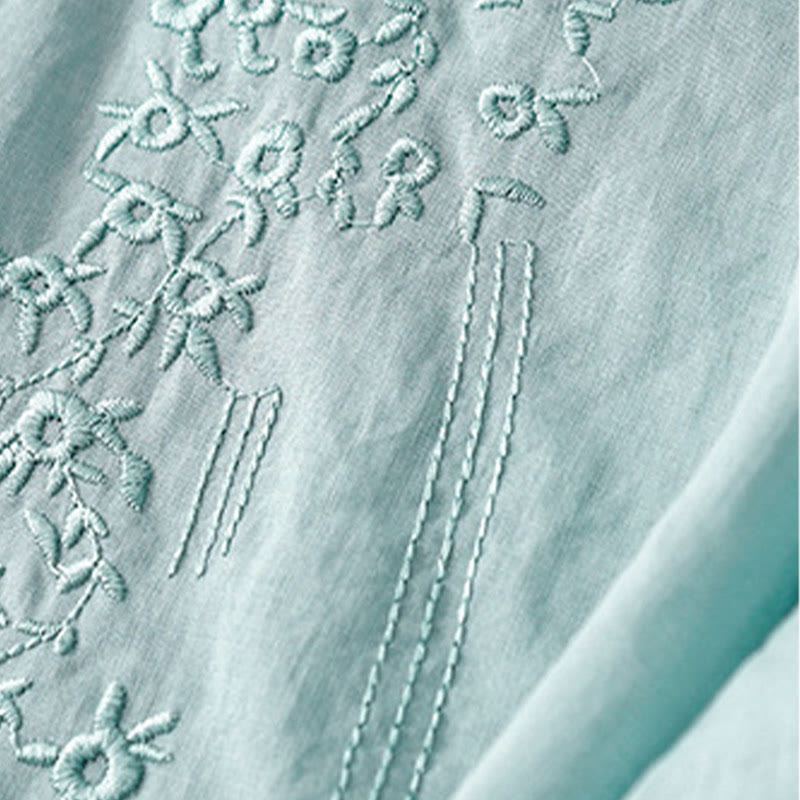 Buddha Stones Lässiges Damen-Shirt aus Baumwolle und Leinen mit V-Ausschnitt und Blumenstickerei - image 24