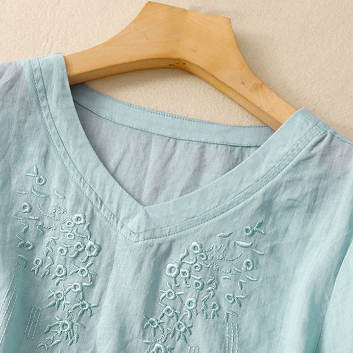 Buddha Stones Lässiges Damen-Shirt aus Baumwolle und Leinen mit V-Ausschnitt und Blumenstickerei - image 23