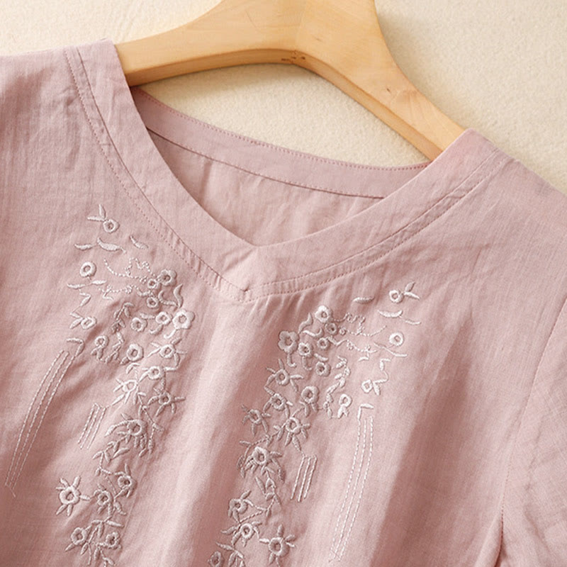 Buddha Stones Casual Damen-Shirt mit besticktem Blumenmuster, V-Ausschnitt und lockeren halben Ärmeln - image 7