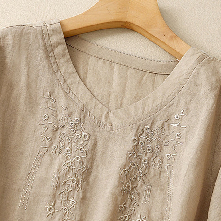 Buddha Stones Casual Damen-Shirt mit besticktem Blumenmuster, V-Ausschnitt und lockeren halben Ärmeln - image 14