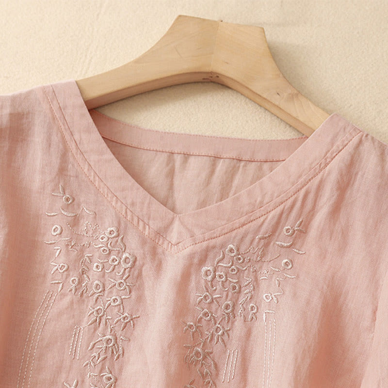 Buddha Stones Casual Damen-Shirt mit besticktem Blumenmuster, V-Ausschnitt und lockeren halben Ärmeln - image 1