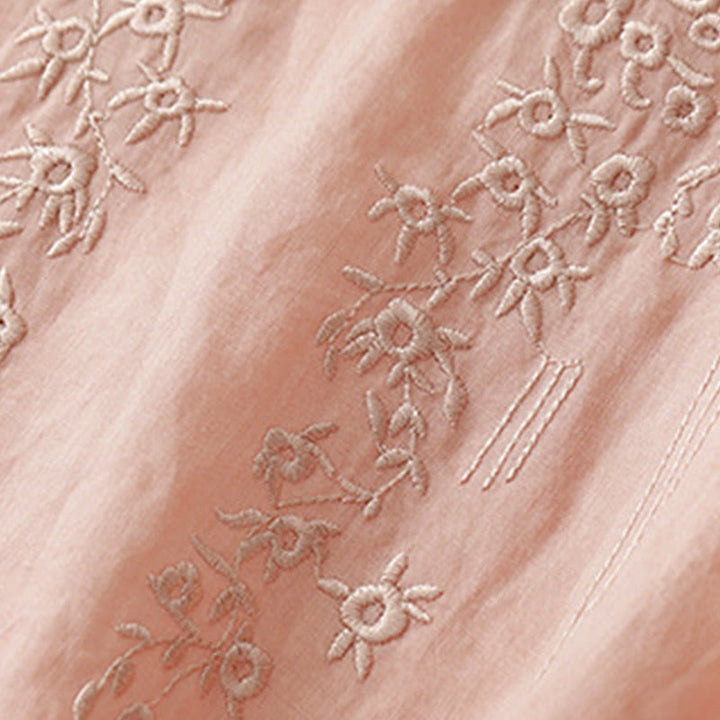 Buddha Stones Lässiges Damen-Shirt aus Baumwolle und Leinen mit V-Ausschnitt und Blumenstickerei - image 2