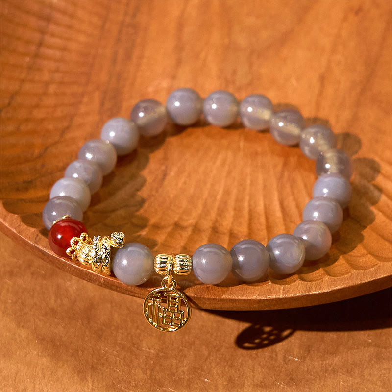 Buddha Stones Jahr der Schlange Grauer Achat Roter Achat Fu Charakter Positivität Armband