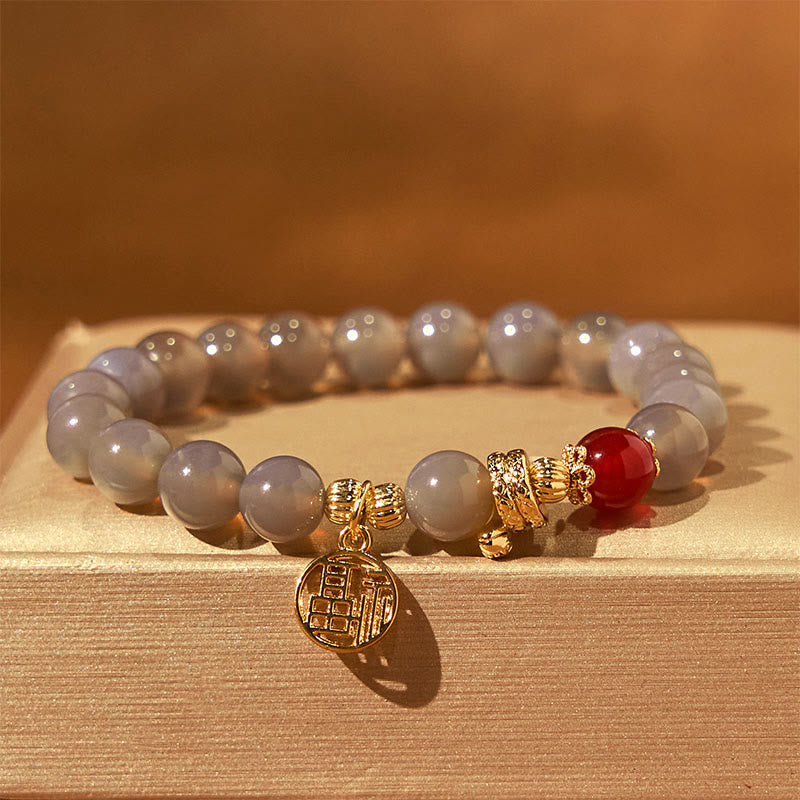 Buddha Stones Jahr der Schlange Grauer Achat Roter Achat Fu Charakter Positivität Armband