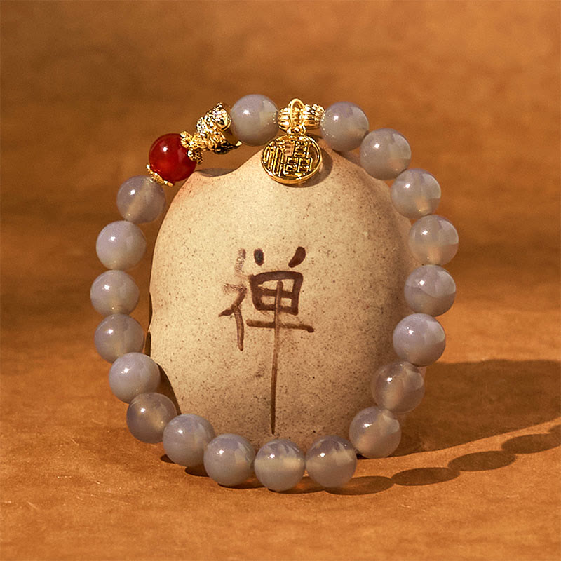 Buddha Stones Jahr der Schlange Grauer Achat Roter Achat Fu Charakter Positivität Armband