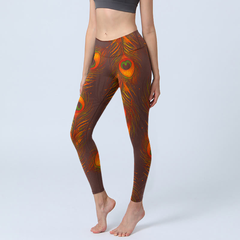 Buddha Stones Braune Pfauenfedern Print Gym Leggings Damen Yogahose - Sattelbraun - US18， UK/AU22，EU50 (4XL) - image 1