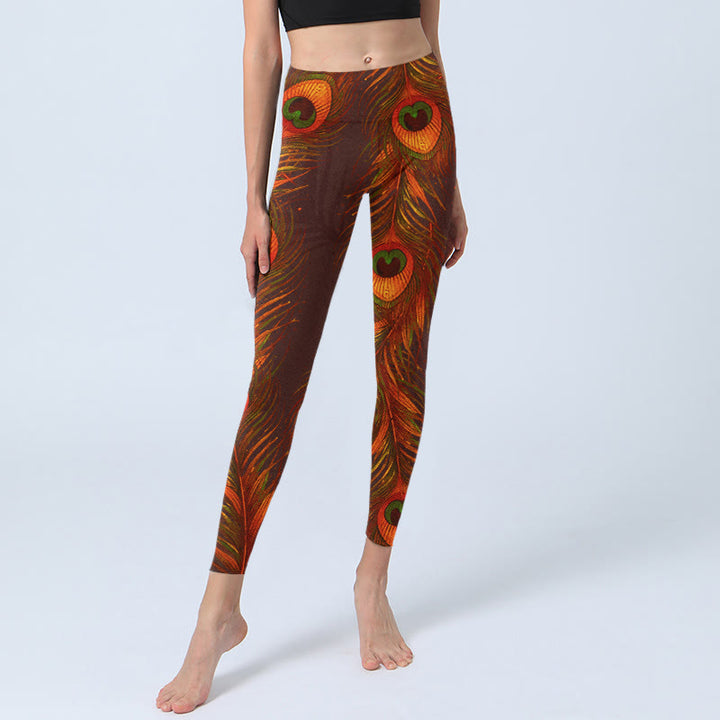 Buddha Stones Braune Pfauenfedern Print Gym Leggings Damen Yogahose - image 5