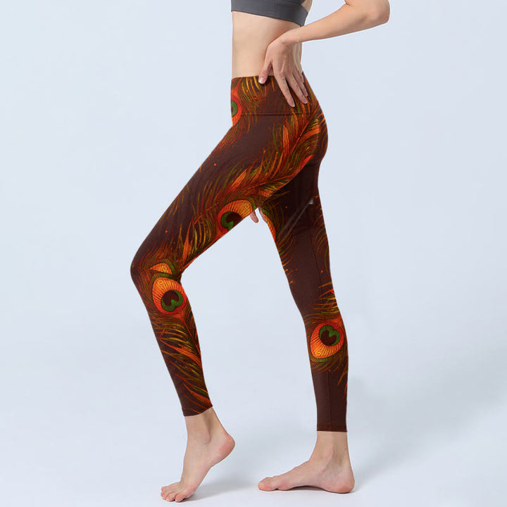 Buddha Stones Braune Pfauenfedern Print Gym Leggings Damen Yogahose - image 3