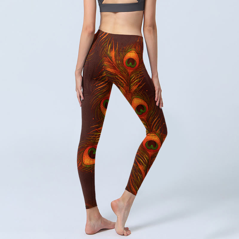 Buddha Stones Braune Pfauenfedern Print Gym Leggings Damen Yogahose - image 5