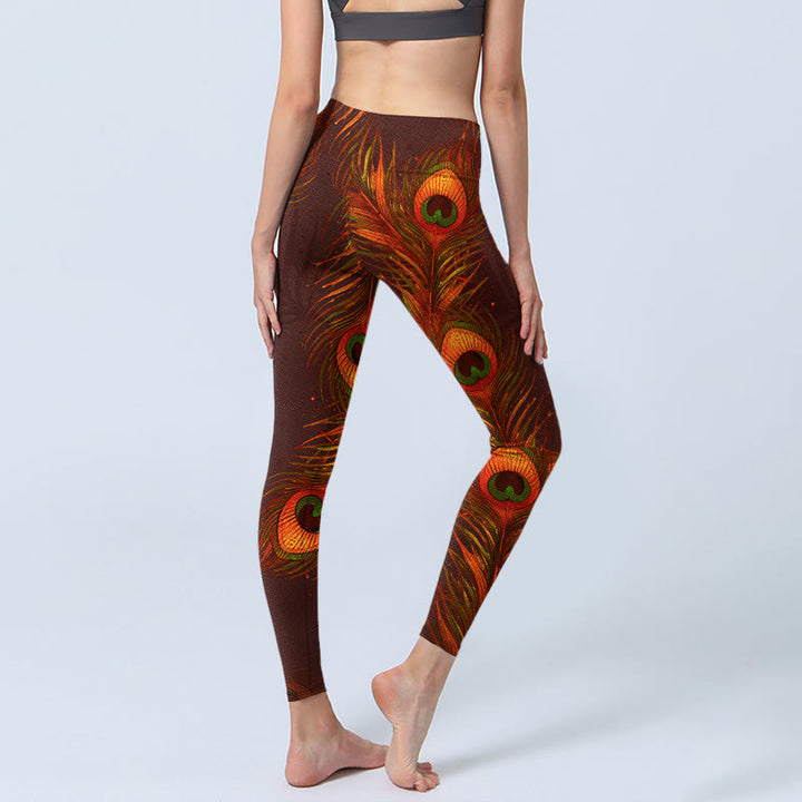 Buddha Stones Braune Pfauenfedern Print Gym Leggings Damen Yogahose - image 5