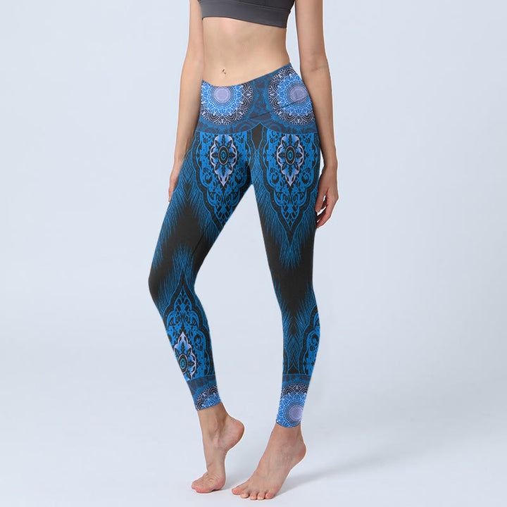 Buddha Stones ​​Blau Mandala Federn Druck Gym Leggings frauen Yoga Hosen - Mittelblau - US18， UK/AU22，EU50 (4XL) - image 1