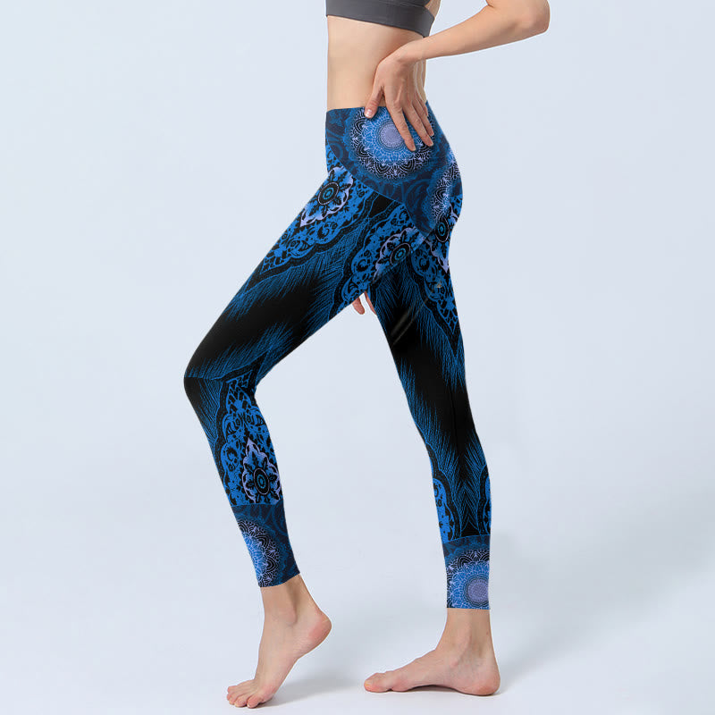 Buddha Stones ​​Blau Mandala Federn Druck Gym Leggings frauen Yoga Hosen - image 3