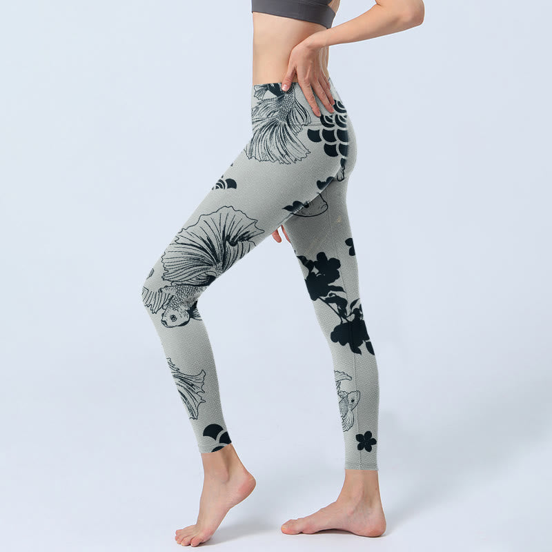 Buddha Stones Grau Koi Fisch Blumen Wellen Print Gym Leggings Damen Yoga Hose - image 3