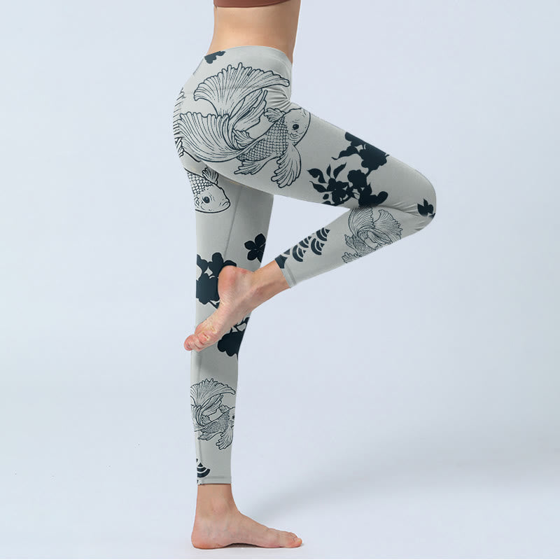 Buddha Stones Grau Koi Fisch Blumen Wellen Print Gym Leggings Damen Yoga Hose - image 3