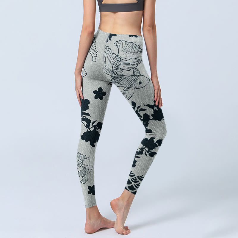 Buddha Stones Grau Koi Fisch Blumen Wellen Print Gym Leggings Damen Yoga Hose - image 5