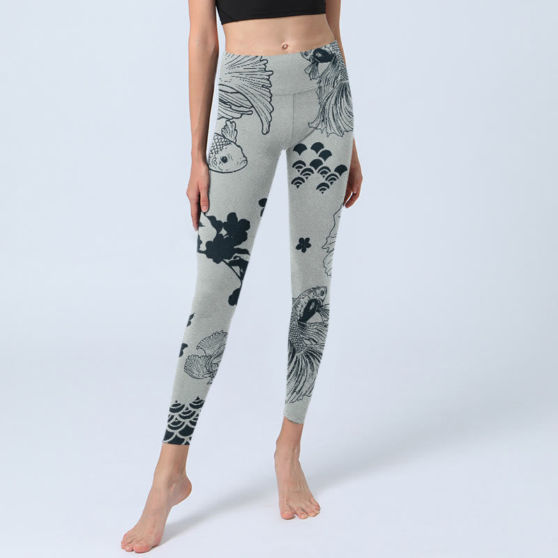 Buddha Stones Grau Koi Fisch Blumen Wellen Print Gym Leggings Damen Yoga Hose - image 6