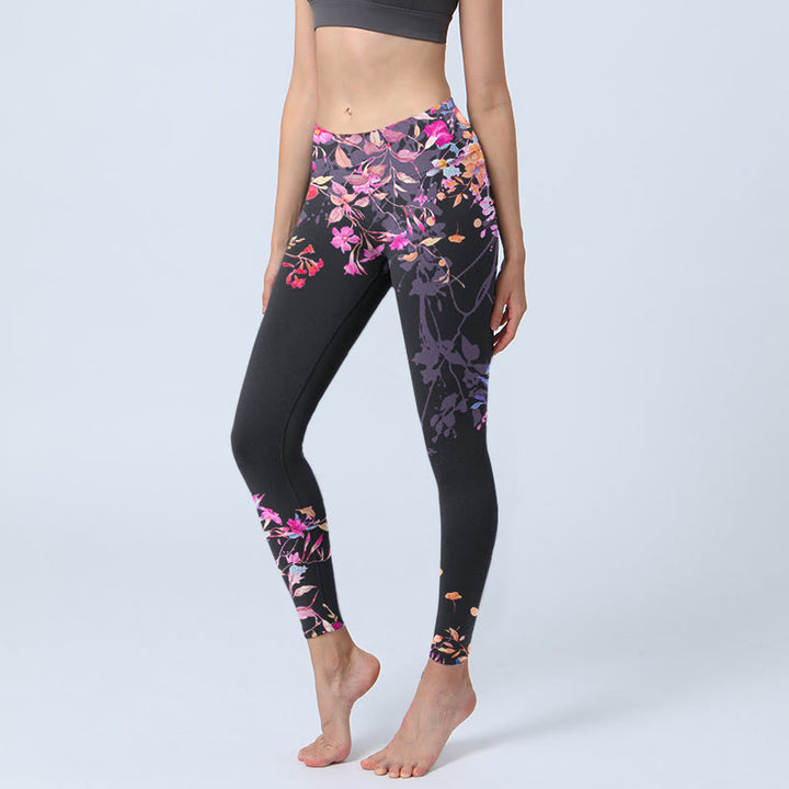 Buddha Stones Schwarz Rosa Blumen Blätter Druck Gym Leggings frauen Yoga Hosen - Schwarz - US18， UK/AU22，EU50 (4XL) - image 1
