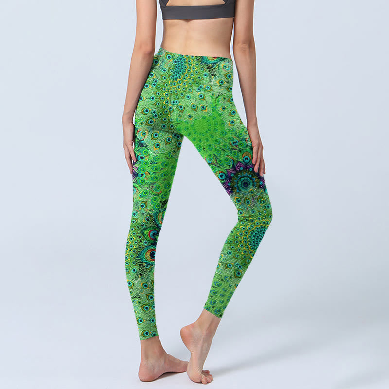 Buddha Stones Grüne Pfauenschwanzfedern Print Gym Leggings Damen Yogahose - image 4
