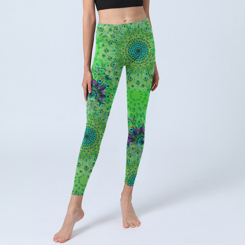 Buddha Stones Grüne Pfauenschwanzfedern Print Gym Leggings Damen Yogahose - image 5