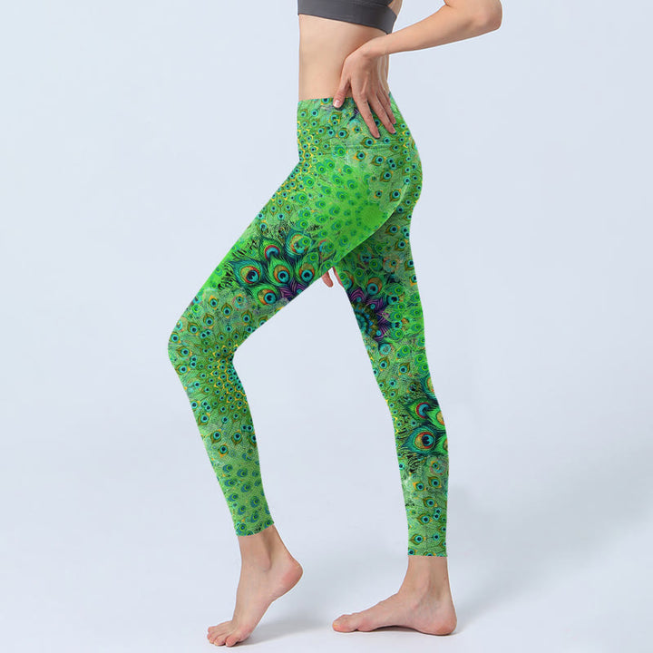 Buddha Stones Grüne Pfauenschwanzfedern Print Gym Leggings Damen Yogahose - image 2