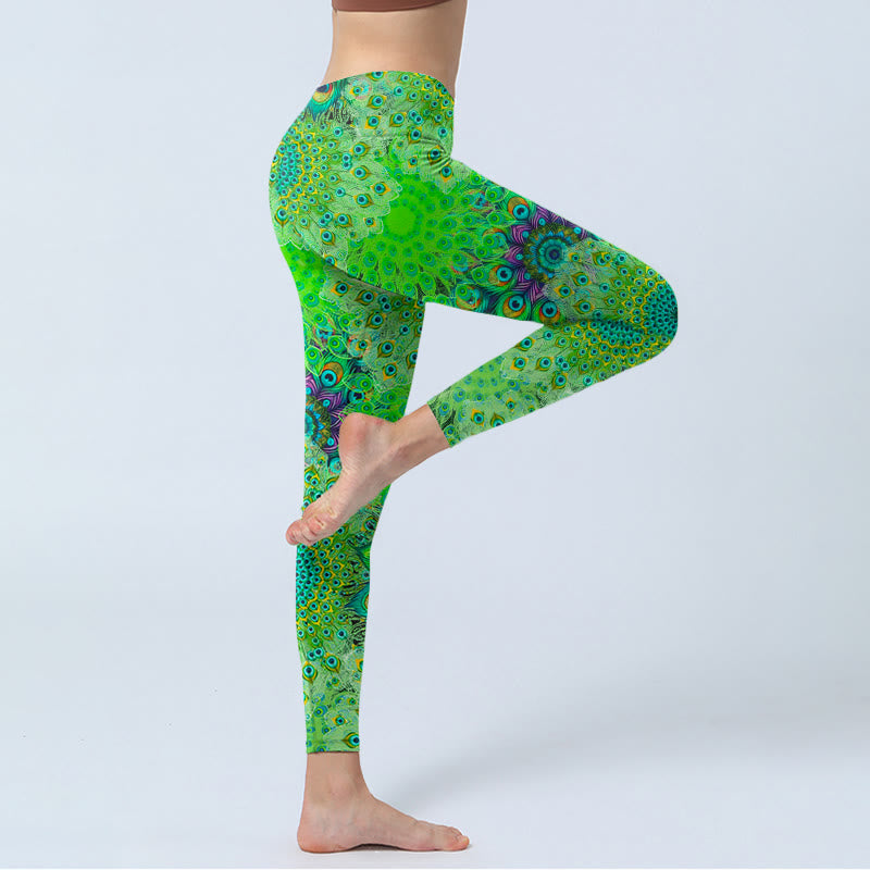 Buddha Stones Grüne Pfauenschwanzfedern Print Gym Leggings Damen Yogahose - image 5