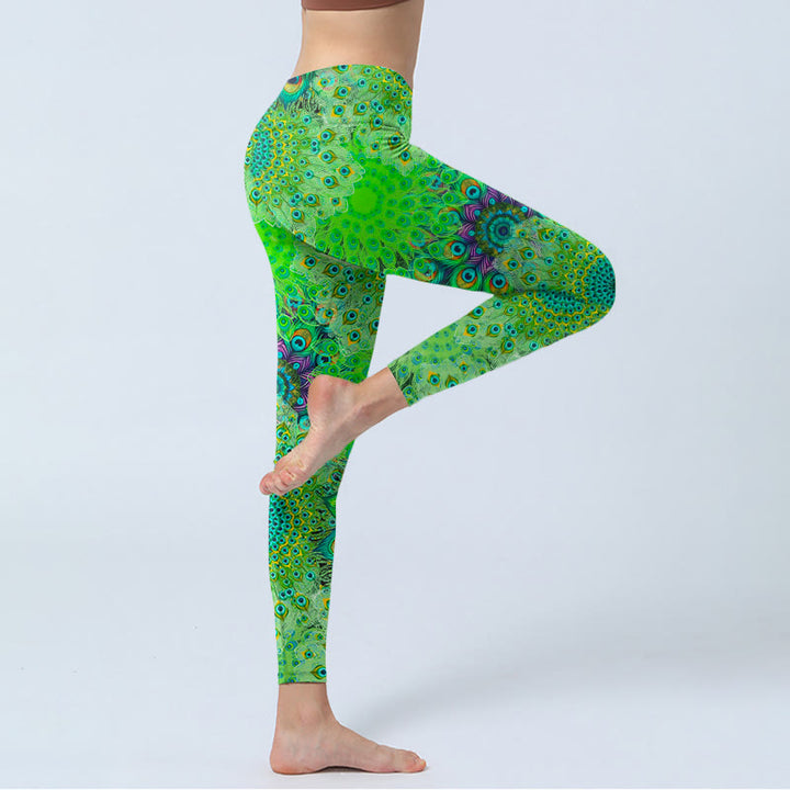 Buddha Stones Grüne Pfauenschwanzfedern Print Gym Leggings Damen Yogahose - image 5