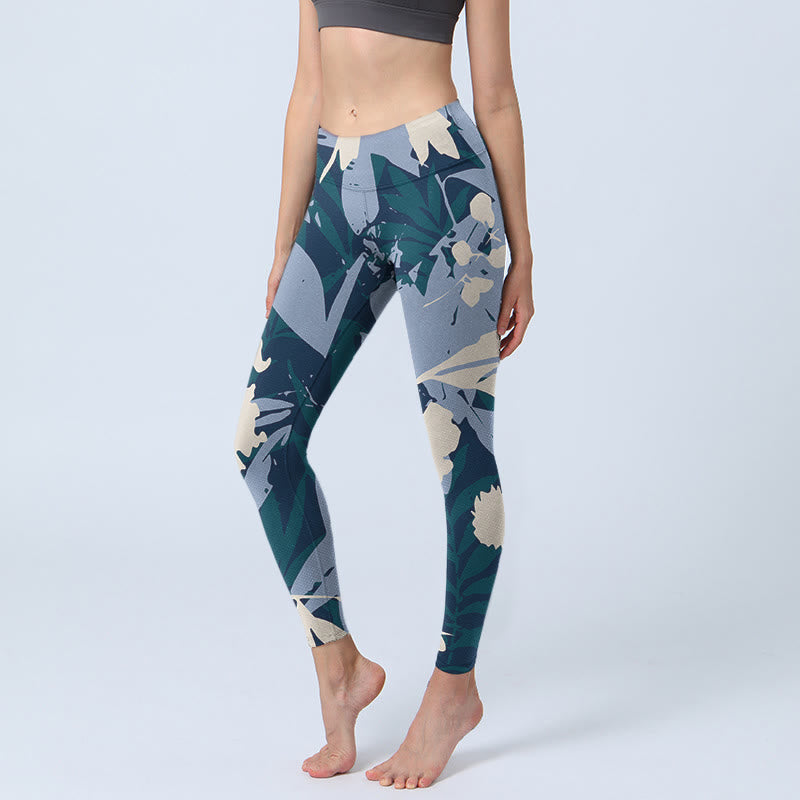 Buddha Stones Blaue Pflanzenblätter Print Gym Leggings Damen Yogahose - Hellstahlblau - US18， UK/AU22，EU50 (4XL) - image 1