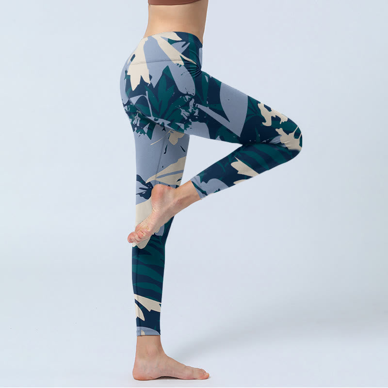 Buddha Stones Blaue Pflanzenblätter Print Gym Leggings Damen Yogahose - image 4