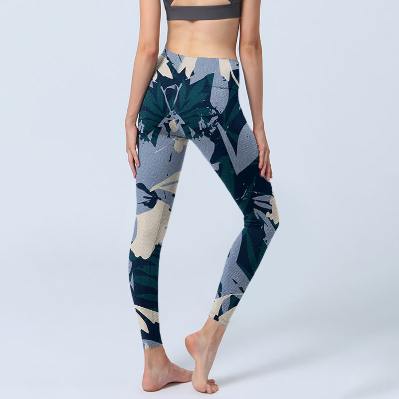 Buddha Stones Blaue Pflanzenblätter Print Gym Leggings Damen Yogahose - image 3