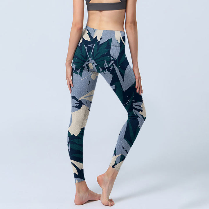 Buddha Stones Blaue Pflanzenblätter Print Gym Leggings Damen Yogahose - image 3
