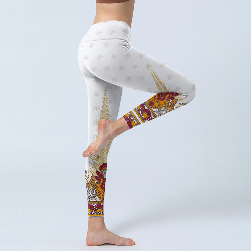 Buddha Stones Weiße abstrakte Lotusblumen-Druck-Gymnastik-Leggings für Damen - image 4