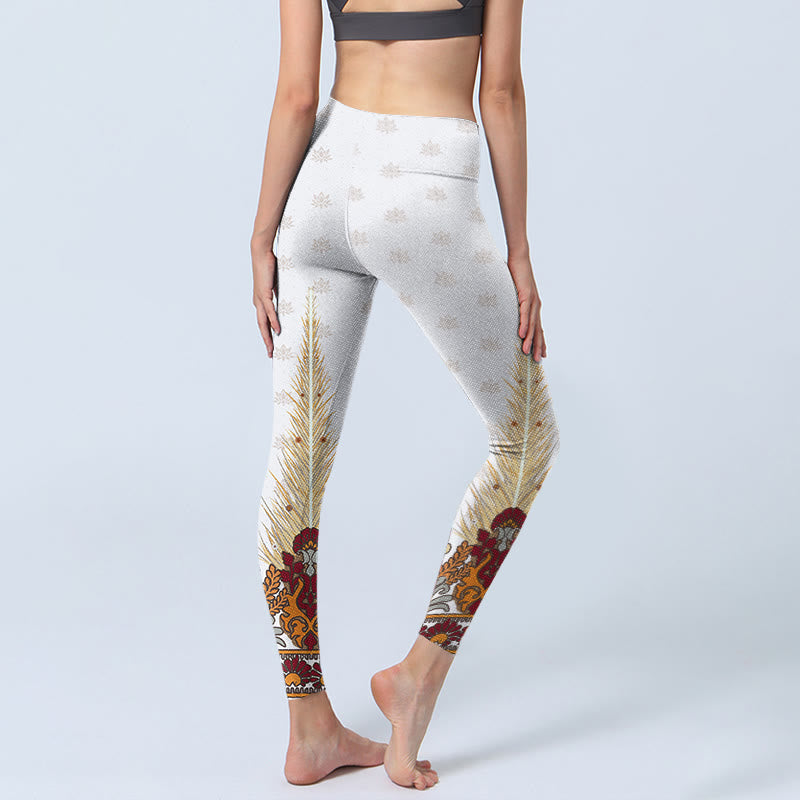 Buddha Stones Weiße abstrakte Lotusblumen-Druck-Gymnastik-Leggings für Damen - image 4