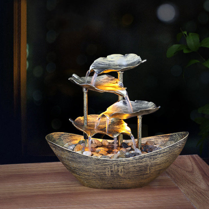 Buddha Stones, Lotusblatt-förmiger Wasserfall-Brunnen, Tischornamente mit LED-Licht, Heimbüro-Desktop-Dekoration