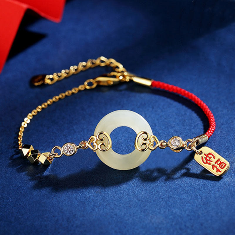 Buddha Stones, 925er Sterlingsilber, natürlicher Hetian-Jade, Kürbis, Friedensschnalle, Zirkon, Glücksarmband, Halskette, Anhänger, Ohrringe - Jade-Armband (Handgelenkumfang 14-17 cm) - image 0