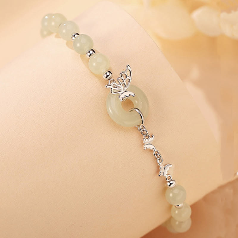 Buddha Stones 925 Sterling Silber Natürliche Hetian Jade Friedensschnalle Schmetterling Glück Wohlstand Armband Halskette Anhänger