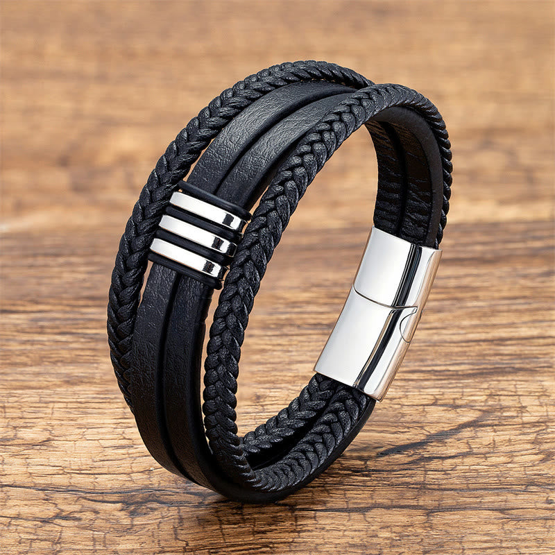 Buddha Stones Handgemachtes geflochtenes Lederarmband mit ruhiger Titanstahlschnalle