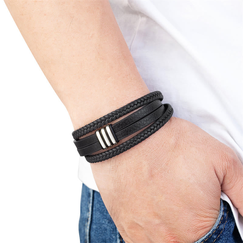 Buddha Stones Handgemachtes geflochtenes Lederarmband mit ruhiger Titanstahlschnalle
