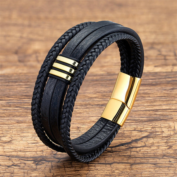 Buddha Stones Handgemachtes geflochtenes Lederarmband mit ruhiger Titanstahlschnalle