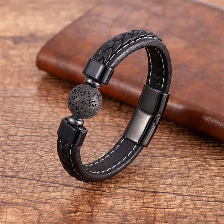 Buddha Stones, Lapislazuli, schwarzer Onyx, Tigerauge, Lavastein, Om Mani, Padme Hum, Serenity-Lederarmband - Lavagestein - 18-22 cm - image 7