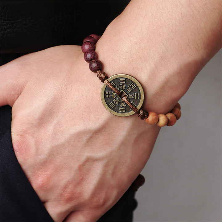 Buddha Stones, Ebenholz, Wenge-Holz, Berggeister, Geld ausgeben, Bagua, Kupfermünze, Friedensarmband