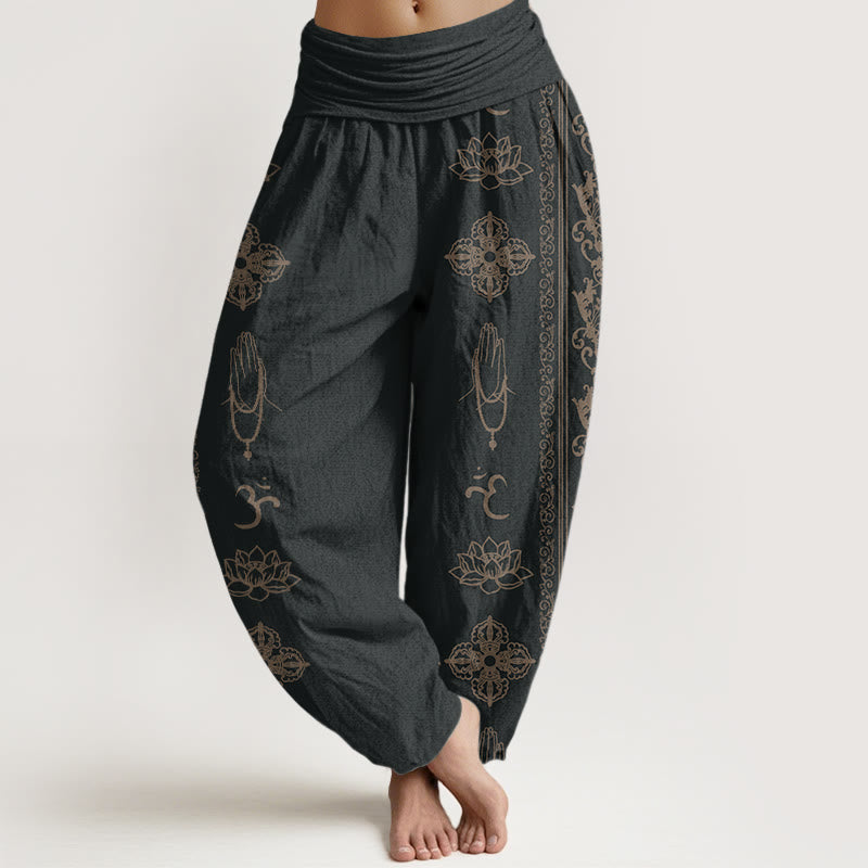 Buddha Stones , Baumwolle, Lotusblumen, Doppel-Dorje-Vajra, Namaste-Om-Design, Damen-Haremshose mit elastischem Bund - Schwarz - US22, UK/AU26, EU54 (6XL) - image 0