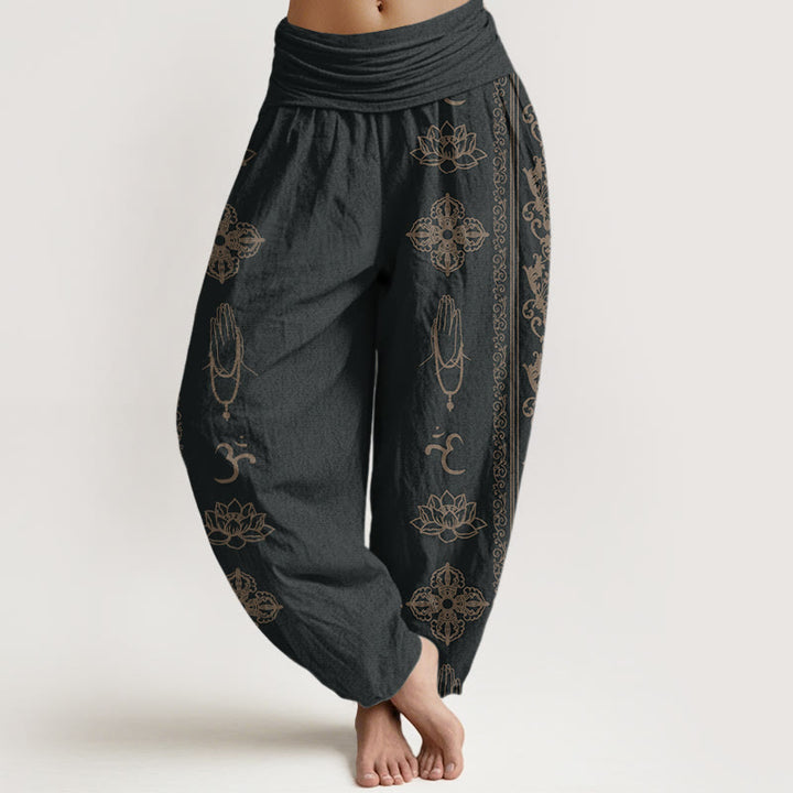 Buddha Stones , Baumwolle, Lotusblumen, Doppel-Dorje-Vajra, Namaste-Om-Design, Damen-Haremshose mit elastischem Bund - Schwarz - US22, UK/AU26, EU54 (6XL) - image 0