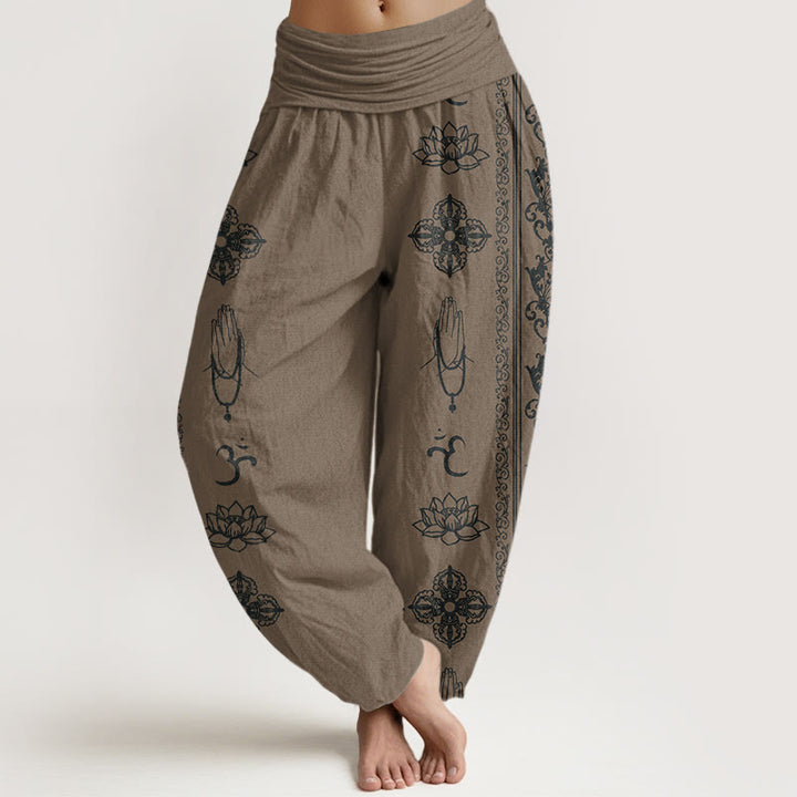 Haremshose mit elastischer Taille für Damen, Buddha Stones, Lotusblumen, Doppel-Dorje, Vajra, Namaste, Om-Design - DunkelKhaki - US22， UK/AU26，EU54 (6XL) - image 8