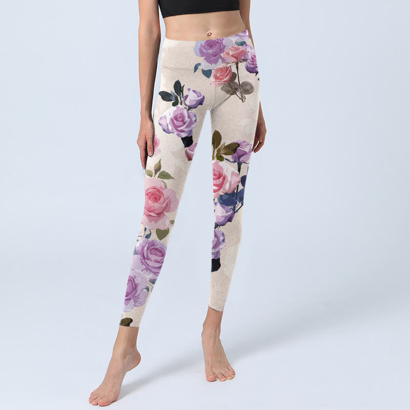 Buddha Stones Beige Rosen Blumen Druck Gym Leggings Damen Yoga Hose - image 5