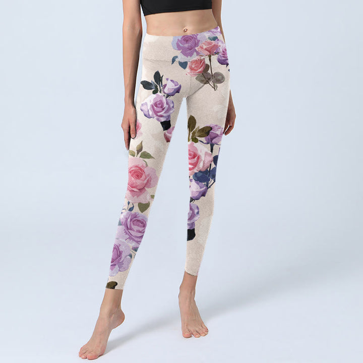 Buddha Stones Beige Rosen Blumen Druck Gym Leggings Damen Yoga Hose - image 5